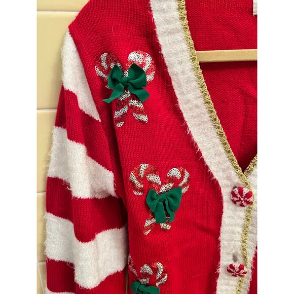 Ugly Christmas Sweater Candy Cane Sequin Cardigan Festive Holiday Sparkle M xmas - Picture 4 of 7